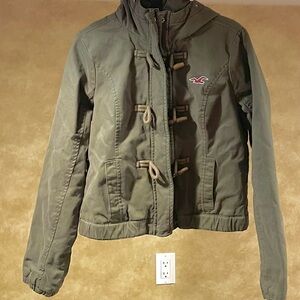 Hollister Olive Utility Jacket with Zip and Toggle Closures